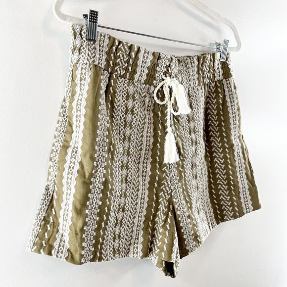 House of Harlow Linen High Rise Embroidered Boho Shorts Green Medium - Picture 7 of 7